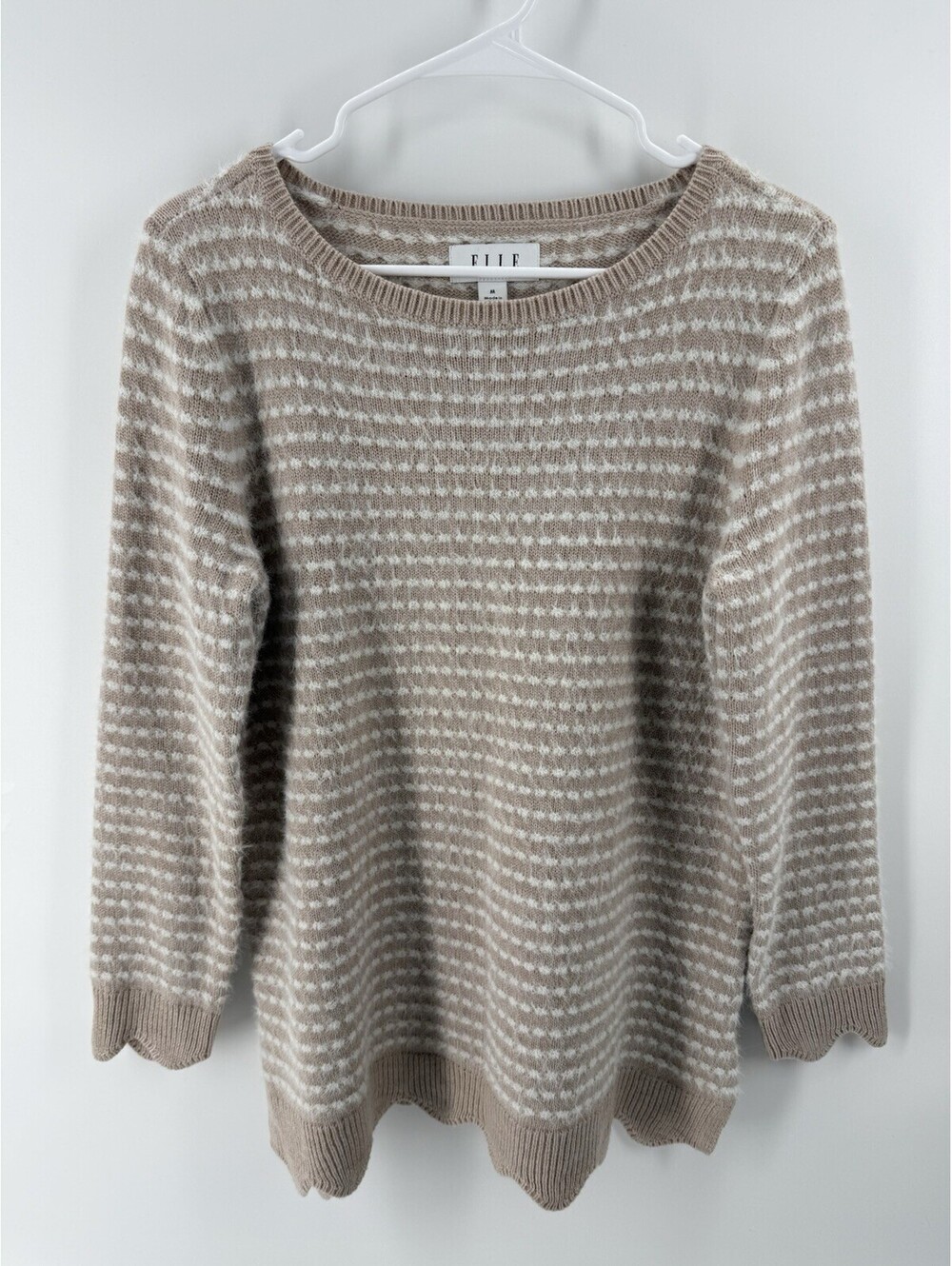 ELLE Tan Striped Sz Medium Casual or Dress Scalloped Hem Pullover Tunic Sweater